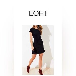 🆕LOFT Black Sheath Ruched Flounce Crew Neck Short Sleeve Mini Dress 10🆕